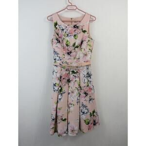 Eliza J SIze 6 Floral Faille Fit & Flare Dress In Blush Pink Belted Pockets